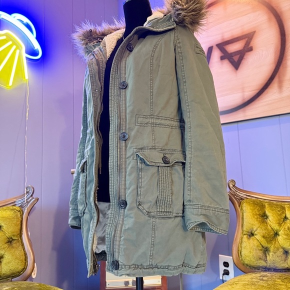 Vintage Y2K Abercrombie & Fitch Green Utility Sherpa Lined Fur Hood Jacket - Picture 4 of 12